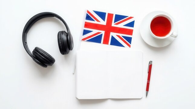 Headphones, British flag, and notepad on white background representing an English language audio courses educational concept