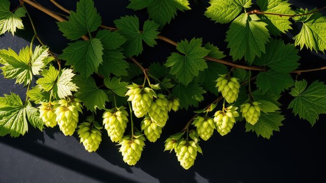 Fresh Green Hop Cones Hanging on a Vine with Lush Leaves Against a Dark Background