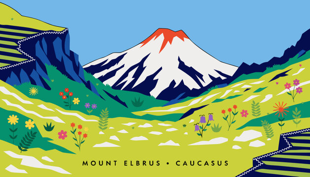 Very beautiful colorful realistic vector of Mount Elbrus surrounded by alpine meadows, wildflowers, green valleys, snow-covered peaks and Caucasus mountain scenery, MOUNT ELBRUS &bull; CAUCASUS, solid colo