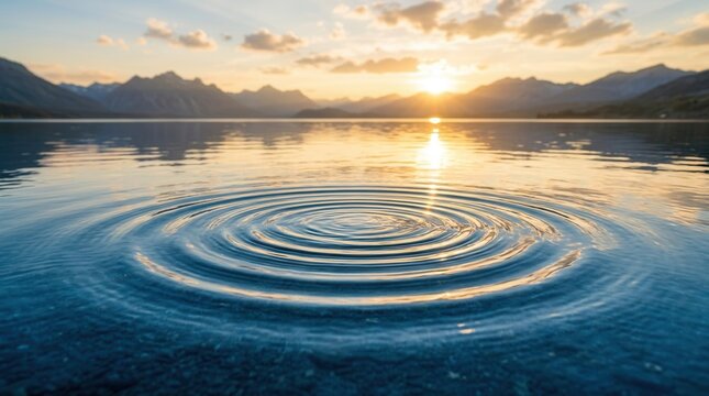 Stone skipping waves on a tranquil lake at sunset, featuring a peaceful and serene nature landscape with distant mountains.