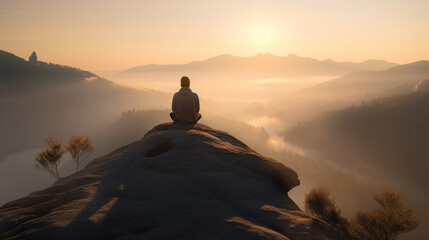 Naklejka premium Serene Man Meditating on Mountain at Sunrise