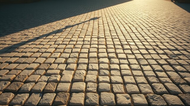 A cobblestone path bathed in golden sunlight, the shadows of passersby stretching long and thin across the stone surface