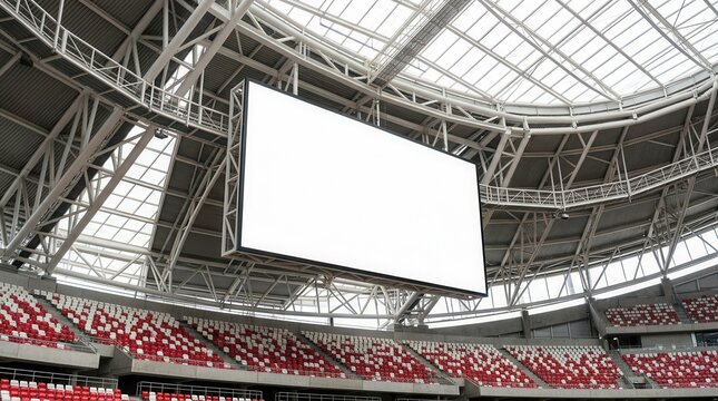 Modern sports stadium featuring a blank scoreboard for advertising, video display, or event score copy space