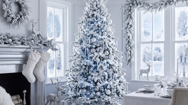 Elegant winter living room with winter themed living space adorned tall