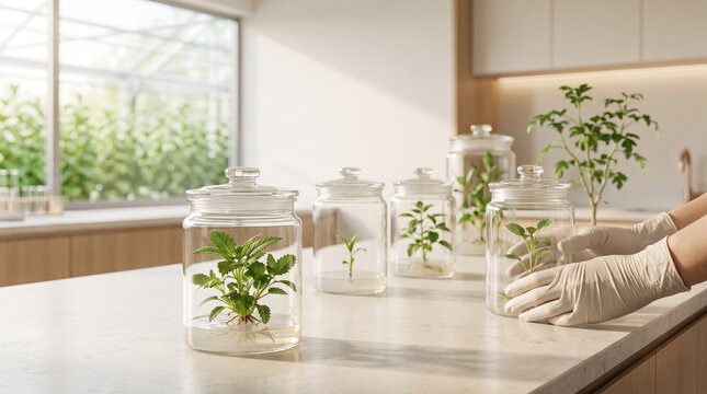 Cleanroom agricultural technology depicting gloved hands organizing lab grown botanical specimens in sealed glass containers
