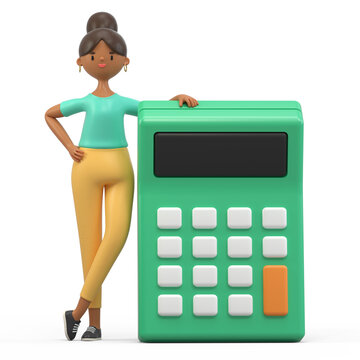 A woman leans on a large calculator