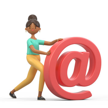 A woman pushes a large '@' symbol