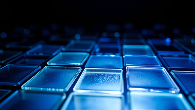 Abstract blue glass squares with bokeh lights in the background