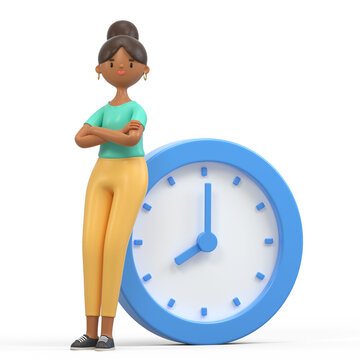 A woman stands next to a large clock
