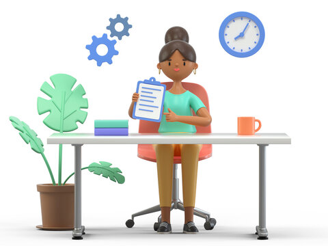 A woman reviews a document at a desk