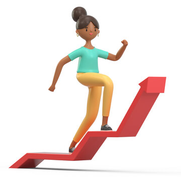 A woman climbs a red arrow