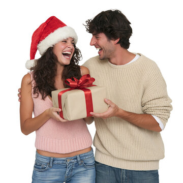 Happy young couple celebrating Christmas and exchanging gift box with red ribbon isolated on transparent or white background, png