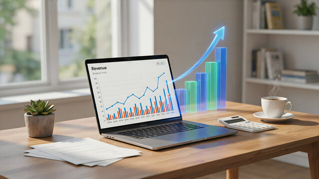 Laptop showing revenue growth chart on a modern wooden desk with office supplies and plant