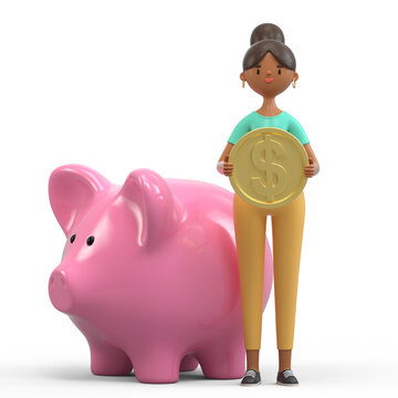 A woman holds a large gold coin by a piggy bank