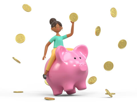 A woman rides a piggy bank with coins flying