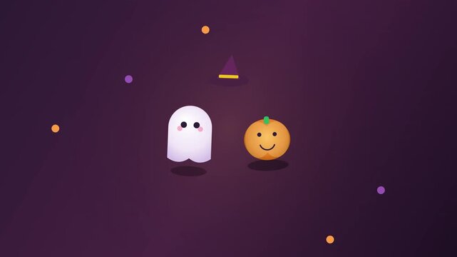 Cute ghost and smiling pumpkin character animation on a purple background for Halloween celebration concepts