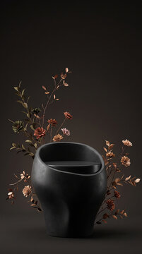 Elegant Black 3D Podium Display with Autumn Flowers on Dark Background