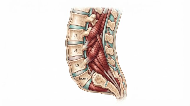 This displays muscle anatomy of the lumbar spine highlighting muscle groups and their role in sports injuries and overall physiology.