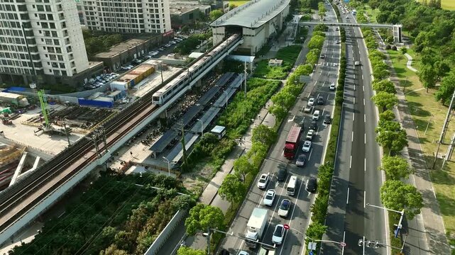 Static Aerial View of Metro Train Arriving at Sheshan Station in Shanghai