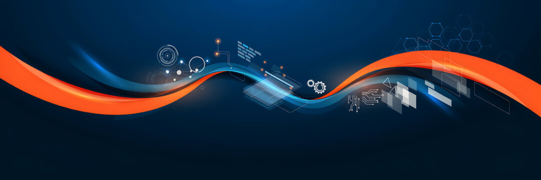 Modern abstract technology wave with digital icons and circuit elements on dark background