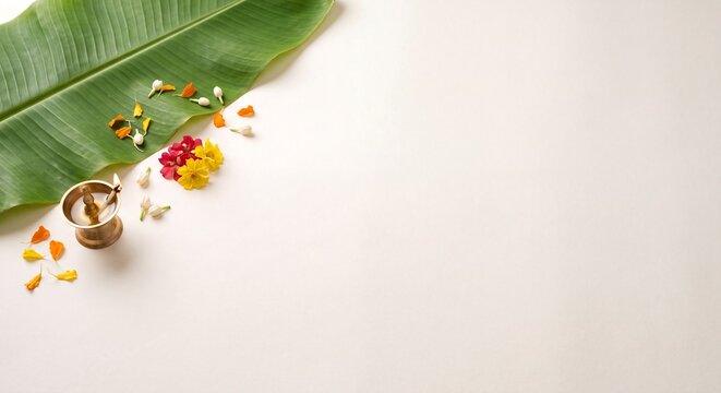 Traditional Onam festival elements with a lit diya and banana leaf