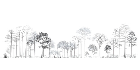 Fototapeta premium Architectural drawings, minimal style CAD tree line drawing, side view, set of section wetland forest outline for landscape design drawing. Vector illustration in separate elements