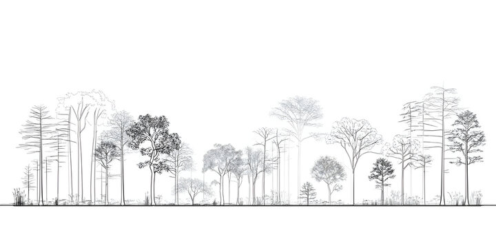 Architectural drawings, minimal style CAD tree line drawing, side view, set of section wetland forest outline for landscape design drawing. Vector illustration in separate elements