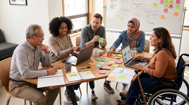 Diverse inclusive team meeting, office collaboration, disabled employee in wheelchair, brainstorming with sticky notes and laptops, business planning session
