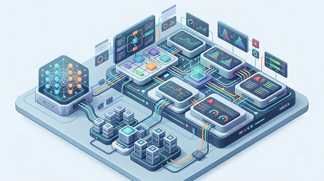 AI model monitoring architecture tracking language model performance, drift, latency, accuracy and resource usage through continuous enterprise observability infrastructure on white background