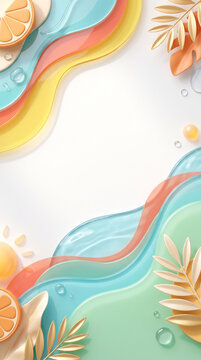 Abstract 3D Summer Background with Pastel Liquid Waves, Tropical Leaves, Orange Slices, and Copy Space