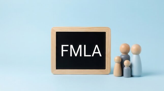 Family and medical leave in a workplace context illustrated by a blackboard with FMLA and wooden family figurines