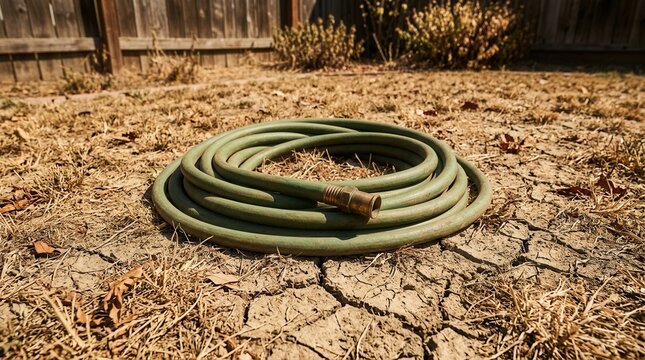 A dry brown lawn with parched, cracked ground and a garden hose, highlighting drought and water scarcity