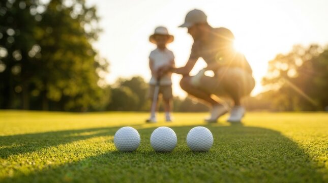 Teaching putting in a positive environment as a golf coach guides a kid, featuring golf balls on green with sun flare.