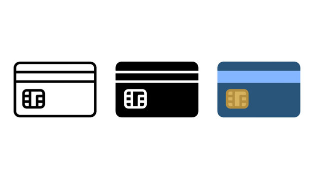 Set of credit card icons in outline, solid, and flat styles, representing payment methods and financial transactions