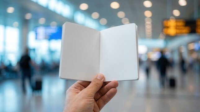 Hand holding an open blank passport booklet showing empty pages for copy space in an airport terminal