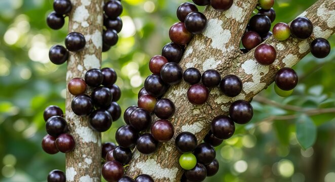 Jabuticaba Brazilian Grape Fruit Growing on Tree Trunk