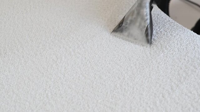 Professional wet vacuum extraction cleaning of a soft white plush rug or furniture upholstery with water suction nozzle.