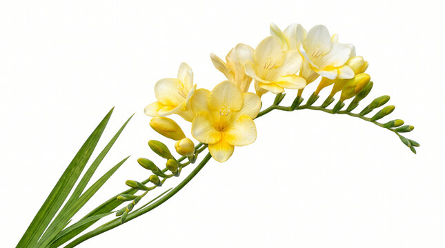 Yellow Freesia Flower Branch Isolated on White Background