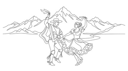 Obraz premium Minimalist One Line Art of Man and Woman Performing Traditional Folk Dance in Mountain Landscape