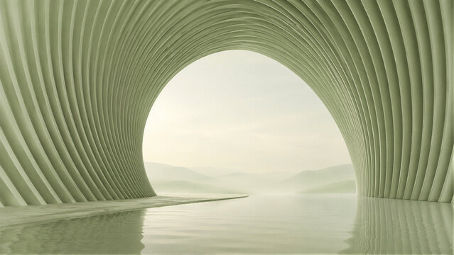 Abstract green ribbed tunnel opening to surreal landscape with water and hills, minimal futuristic 3D render background