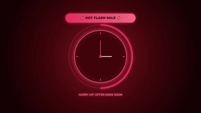 Neon glowing clock countdown timer for hot flash sale graphic, urgent limited time offer ending soon on dark red background