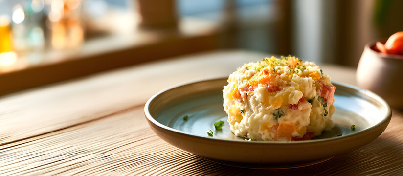 Creative food concept. Beautifully plated Japanese-style creamy and fluffy potato salad with carrots peas mayonnaise in plate with sunlight shining on wooden background. copy text space. Long banner