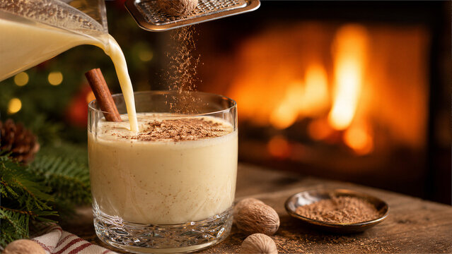 Creamy winter drink being poured into a glass with cinnamon and grated nutmeg by a cozy fireplace with festive decorations