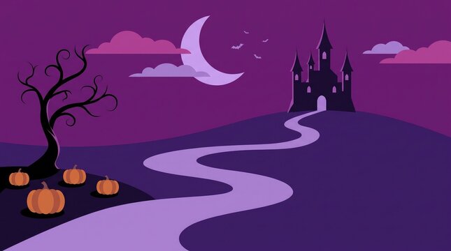 Haunted castle with winding path and jack o lanterns under a purple moonlit sky