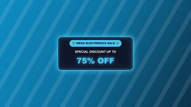 Glowing dark blue mega electronics sale banner template with 75 percent discount offer text on modern striped background vector illustration design