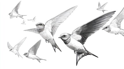 Obraz premium Black and White Sketch of Swallows in Flight Over a White Background