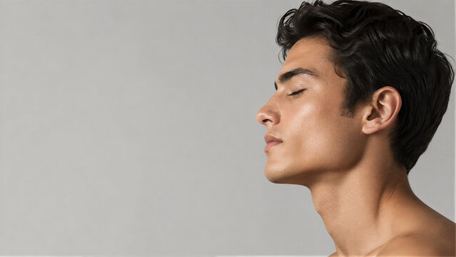Handsome young man with healthy skin and closed eyes in profile view on gray background, male skincare and grooming concept with copy space