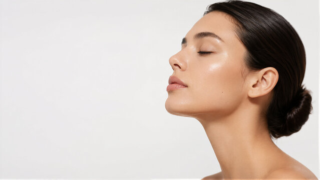 Beautiful woman with healthy glowing skin and closed eyes tilting head back on white background, natural beauty and skincare concept with copy space