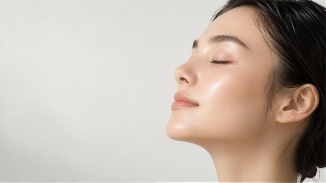 Beautiful young Asian woman with healthy glowing skin and closed eyes tilting head on white background, skincare and natural beauty concept with copy space