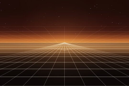 Retro grid landscape with stars and orange sky